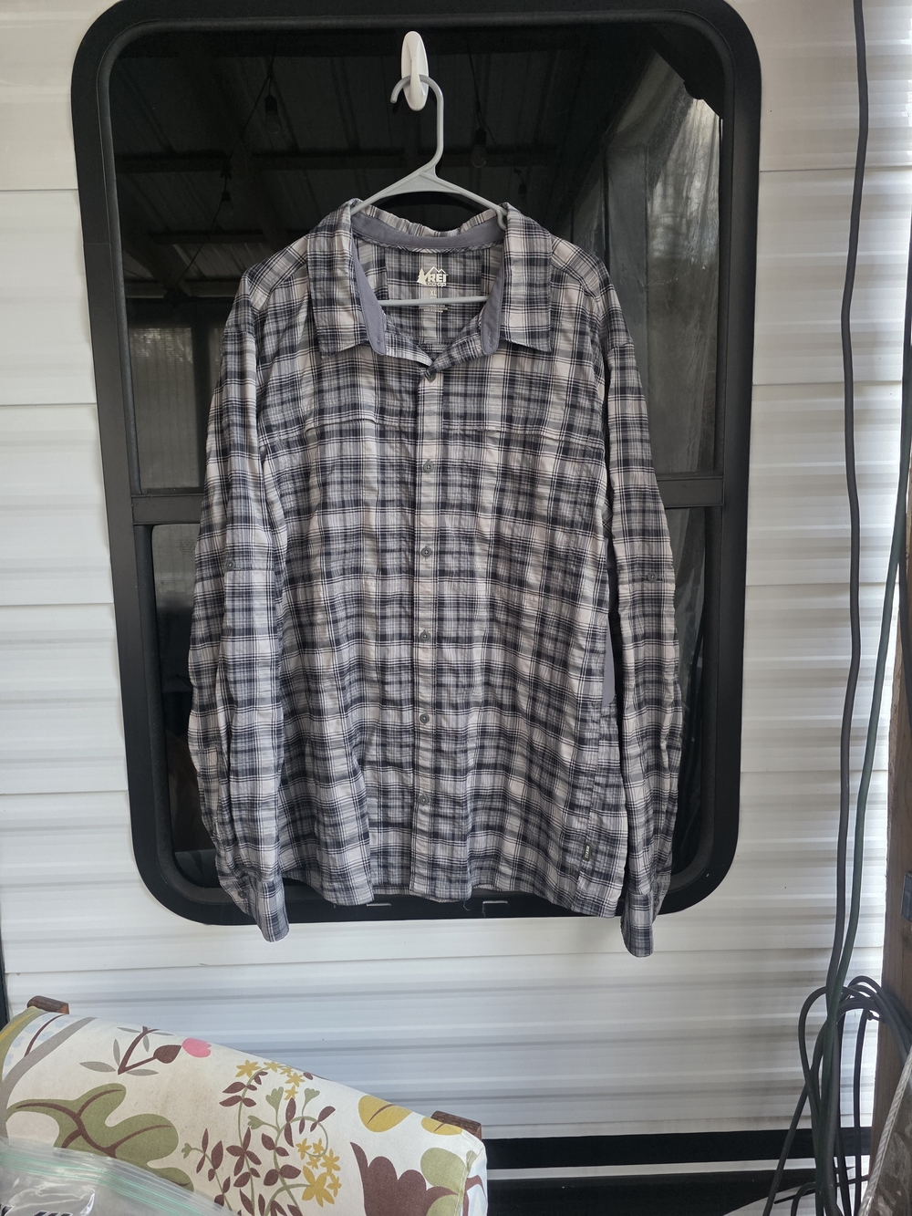 REI Men’s Black and Gray Plaid Button-Down Shirt